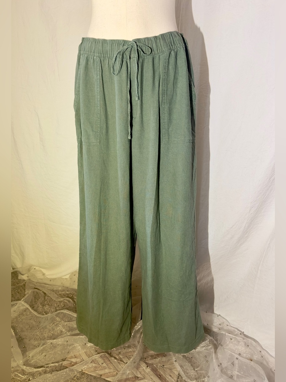 GAP Linen Rayon Wide Leg Drawstring Pants in Olive Green Size Large Lagen Look